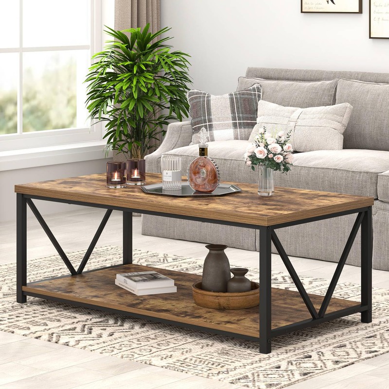 EXCEFUR Modern Coffee Table, Rustic Wood and Metal Living Room