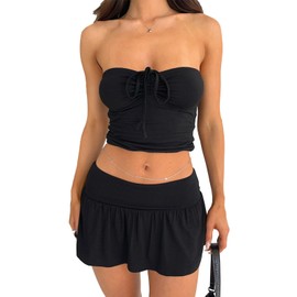 PICKLION Women's Y2k Summer Set Top and Skirt 2 Piece Outfits Strapless Casual Lounge Tracksuit XS-L Black