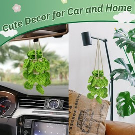 SGIBYN Crochet Hanging Plant for Car,Car Decorations Interior,Plant Aesthetic Car Accessories for Women Interior Cute,Car Pendant Ornaments Charms for Rear View Mirror,Boho Car Decoration Gifts