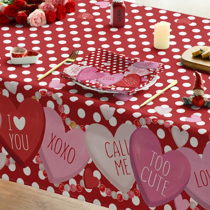 Horaldaily Valentine Tablecloth 60×104 Inch Rectangular, Candy Love Hearts Dots