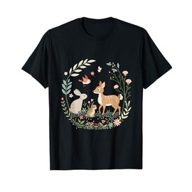 Woodland Animals in Cottagecore Garden Fawn Rabbits Songbird T-Shirt