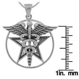 Jewelry Trends Caduceus Star Pentagram Pentacle Sterling Silver Pendant Necklace 18"