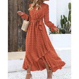 BTFBM Women's Boho Cocktail Maxi Dress 2024 Fall Fashion V Neck Swiss Dot Long Sleeve Flowy Slit Wedding Party Dresses(Swiss Dot Orange, Large)