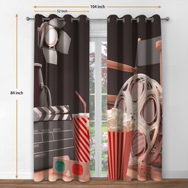 Jekeno Movie Theater Blackout Curtains Movie Theater Theme Print Home Bedroom Living Room Decor Sunlight Blocking Grommet Window Drapes 2 Panel Set, 52"x84"