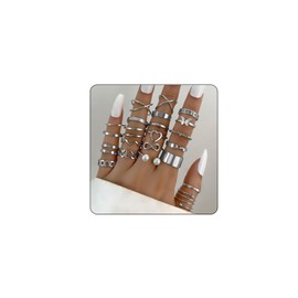 Vintage Silver/Gold/Black Kunckle Rings Set for Women Boho Stackable Rings Butterfly Pearl Heart Rings Open Adjustable Finger Rings Statement Rings Set Jewelry Gifts (Silver)