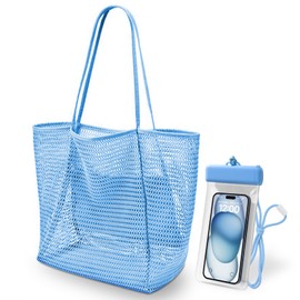 Summer Mesh Beach Bag with Zip Pocket Reusable Foldable Sac De Plage including The Same Color Waterproof Phone Bag for Woman (Blue)