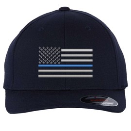 Thin Blue Line USA Flag Hat TBL American Flag Flex FIT Fitted Baseball Cap (Navy Blue, S/M)