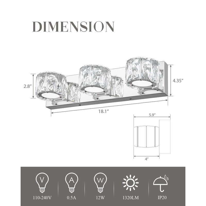 Cargifak LED Crystal Bathroom Light Fixtures, 3-Light Vanity Lights, Bathroom