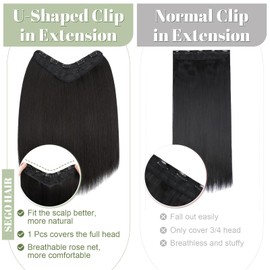 SEGO Clip-In Extensions Like Real Hair, 1 Piece U-Shaped Hair Extensions with 5 Clips 45 cm Cheap Straight for Full Head 160 g Raven Black