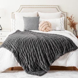 BATTILO HOME Luxury Grey Faux Fur Throw Blanket, Double Side Ruched Rabbit Fur Blanket for Couch, Bed, Cozy Soft Warm Blanket, 60x80 Inches