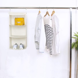 BrilliantJo Hanging Shelf, 3 Compartments Hanging Organiser with Metal Hooks, Closet Organiser Storage System for Wardrobes Camping, 30 x 30 x 60 cm, Beige