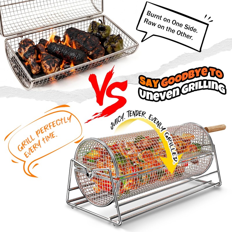 2-in-1 Rolling Grill Basket 304 Stainless Steel Rotatable with Dual