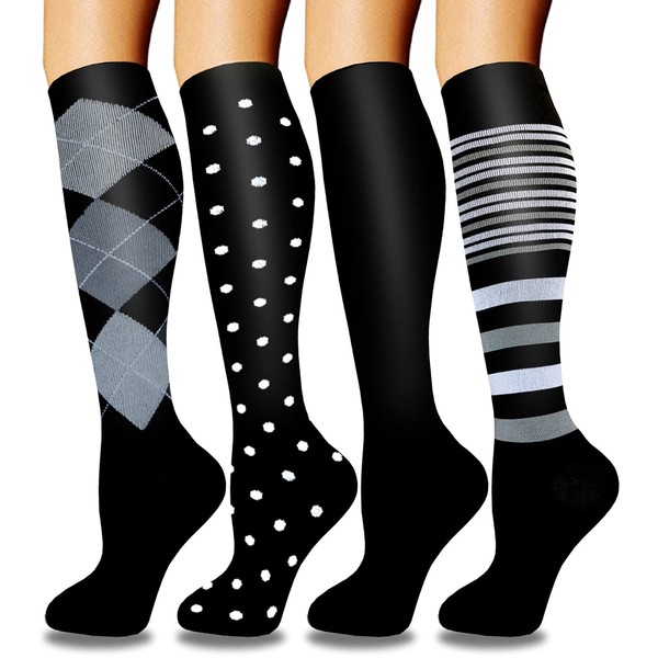 Actinput 4 Pairs of Compression Socks for Men and Women, Colourful Support Stockings, Compression Socks for Sports, Flying, Running, Travel, Cycling, Nurses (4101 – Black, S–M)