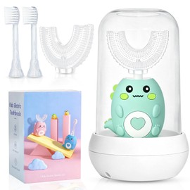 Spazzolino elettrico a forma di U per bambini, spazzolino automatico rotondo a 360º con 4 testine, timer intelligente e tazza di asciugatura all'aria, 3 modalità di pulizia, spazzolino elettrico