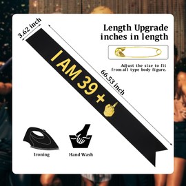 CIEHER 40th Birthday Sash for 40th Birthday Decorations 40th Birthday Sashes for Women I AM 39+ Sash - Black & Gold