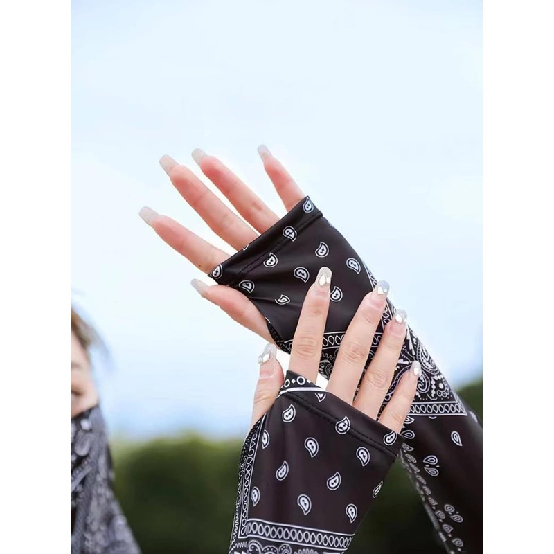 Black Paisley Long Arm Sleeves Sun Motorcycle Bicycle Elastic Stretch