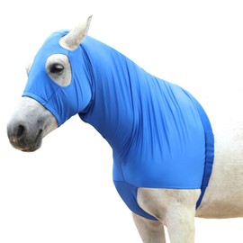 Horse Stretchy Head Hood with Zipper Full Face Neck Cover Blue Large