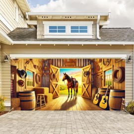 BlissYard 13x6ft Garage Banner Western Backdrop Welcome Garage Door Cover Wild West Horse Barn Decor Background Holiday Photo Props for Spring Summer Indoor Outdoor Wall Rustic Country Decor