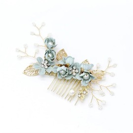DANRENPANG Bride Wedding Hair Comb Pearl Flower Hair Piece Rhinestone Bridal Hair Accessories for Women (gray blue)