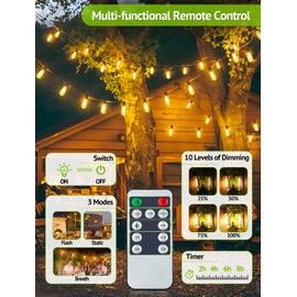 Larkvue 48FT Solar Outdoor String Lights with Remote & Timer, Waterproof Dimmable Patio Lights with 18+1 3 Light Modes LED ST38 Bulbs for Yard-Black