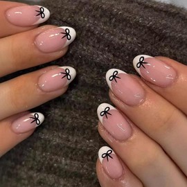 24pcs Short False Nails with Glue - French Tip Press on Nails Almond - Black Bow-Tie Stick on nails French Tip - Nude Fake Nails Glue on - Elegant Almond nail Tips Full Cover for Women Girls Long Last