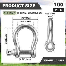 100 Pcs 1/4 Inch D Ring Shackle Rugged 3.8 Ton(8377 Lbs) Max Break Strength