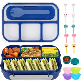 Bento Box, Fiambrera Lonchera para Adultos Niñas y Niño, Caja de Almuerzo de Estudiante, 1300 ml-4 Compartimentos, con Púas de Alimentos,Tazas para Tartas(Azul marino)