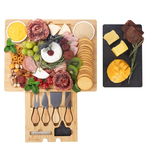 LINCHANE Bamboo Charcuterie Board Gift Set with Expandable Slate, Hidden