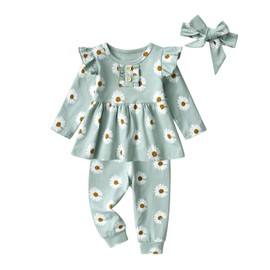 Joureker Toddler Baby Girl Clothes Outfits Long Sleeve Ruffle Tops with Print Flower + Pants 3Pcs Set, Green, 18-24 Months