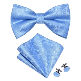 Gusleson Paisley Baby Blue Bow Tie Pocket Square Set for Men Pre-Tied Bowties Handkerchief Cufflinks for Wedding (UK0497-03)