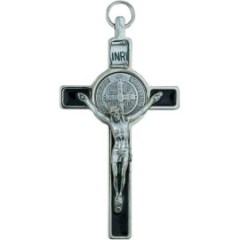St. Benedict Crucifix with Round St. Benedict Medal Inlay with 3" Silver-Tone