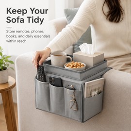 Sofa Armrest Organizer for Remote & Magazine Storage – 5-Pocket 600D Oxford Couch Caddy with Top Tray for Living Room