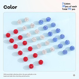 90pcs 10mm Rhinestone Beads for Jewelry Making, Red+White+Light Blue Shiny Round Shamballa Disco Beads, Sparkle Crystal Clay Christmas Beads for Bracelet Necklace Earring Crafting and DIY Decoration