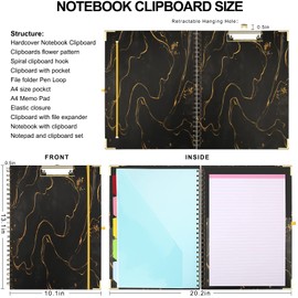 HWPRATO Clipboard with Notepad Clipfolio 5 Dividers with 10 Pockets Letter Size Spiral Clipboard with Storage and Removable Notepad Elastic Closure Pen Loop Hardcover (Black)