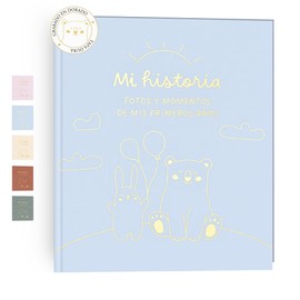 HuBorns - Baby Album First Year to 5 for Gluing Photos and Labels, Children's Photo Album with +50 Pages and Stickers, Original Memory Book Baby, Photo Album Baby (Blue, Spanish)