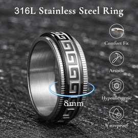 King Will 316L Stainless Steel Fidget Spinner Ring for Men Women-8mm Sliver Spinner Ring with Black Greek Key Pattern Anxiety Stress Relief Wedding Band Ring Comfort Fit Size 10