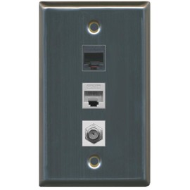 RiteAV - 1 Port Coax Cable TV- F-Type 1 Phone RJ11 RJ12 1 Cat5e Ethernet Wall Plate - Stainless Steel