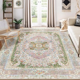 Castage 8x10 Area Rugs Washable,Pink Rug for Living Room Bedroom Dining Room,Large Boho Vintage Bohemian Distressed Carpet Non Slip,Blush Green