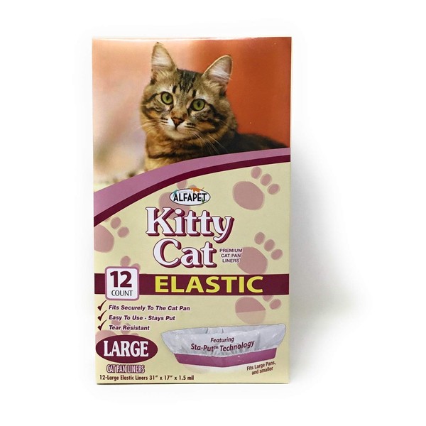 Alfapet Kitty Cat Litter Box Disposable, Elastic Liners- 12-Count-for Medium and Large, Size Litter Pans- with Sta-Put Technology for Firm, Easy Fit- Quick + Clever Waste Cleaners