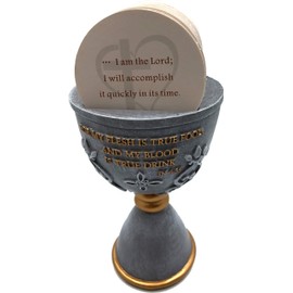 Holy Land Market Stone Communion Cup/Chalice and Hosts with 150 Different Biblical Verses (6 Inches high) - Dark Grey