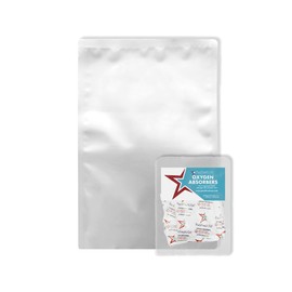 PackFreshUSA: Quart (8" x 12") AirTight Mylar Bags with 300cc High-Capacity Oxygen Absorbers - Long-Term Food Storage – Heavy Duty 5 Mil Thick (Per Side) - Air Tight - Heat Sealable - Food Grade – Rounded Corners - Free Guide - Pack of 50