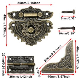 2 juegos de hebilla decorativa retro para gabinete, cierre de cerrojo, mini bisagras grabadas de bronce clásico y protectores de esquina con tornillos para manualidades, reparación de cajas de regalo