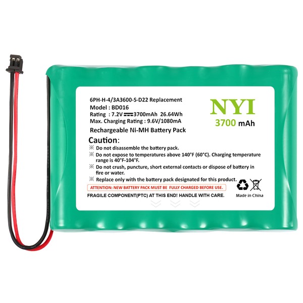 NYI Upgraded 3700mAh Battery Compatible with DSC IMPASSA 9057 2-Way Wireless Security System Alarm Panel, 6PH-H-4/3A3600-S-D22 Replacement, 7.2V Rechargeable Ni-MH Battery Pack for ADT Control Panel