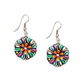 Hand painted vibrant wonderful flower coconut shell drop earrings
