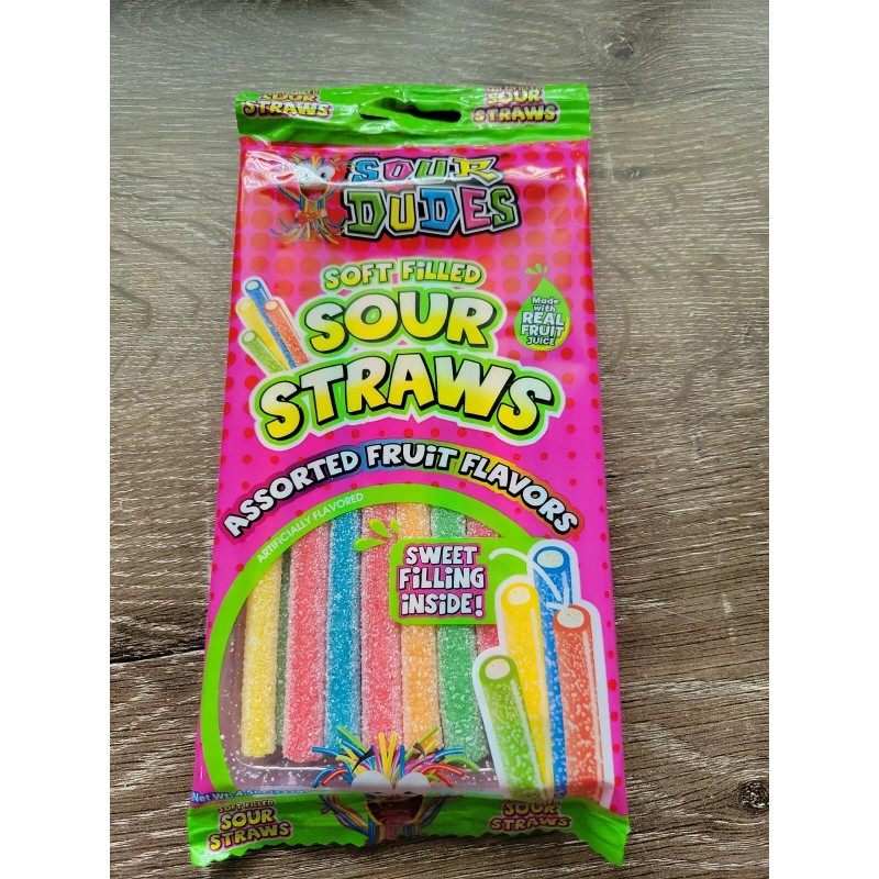 World Confections Sour Dudes Candy, Soft Filled Sour Straws.1ea 4.5oz