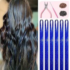 Sapphire Blue Hair Tinsel Kit 48 Inches 1200 Strands with Tools and Instruction Easy to Install Fairy Glitter Tinsel Hair Extensions for Women and Gir