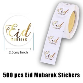 500 Pcs Eid Mubarak Stickers,Gold Foil Ramadan Kareem Round Labels Gifts Tags for Eid Mubarak Decorations/Advent Calendar/Sealing Cards Envelopes Craft Muslim Party Treat Bags Eid Stickers