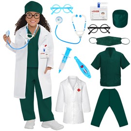 CHMMY Doctor Costume for Children, Doctor Costume Children, 12 Pieces Doctor Games Accessories, Doctor's Coat Children from 3 Years with Stethoscope, Thermometer, Syringe and Hat, Surgical Tops and