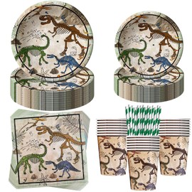 Aitsite Dinosaur Fossil Party Tableware Set, Dinosaur Skull Party Plates Birthday for 20 Guests, Dinosaur Birthday Tableware, Party Decoration Set, Children's Birthday Plates, Cups, Napkins