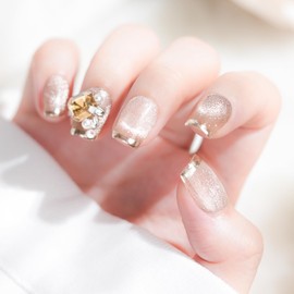 Biutee Nail Tips, False Nails, Square Glitter, Short Nail Tips, Gemstone and Glitter Design, 10 Pieces, Double Sided Tape, Can Be Used Repeatedly, Coming of Age Ceremonies, School Entrance Ceremonies,